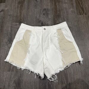SHEIN White and Tan High Rise Jean Shorts